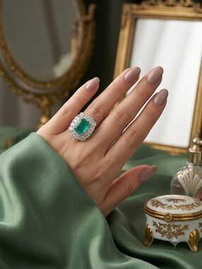 Vintage Style Emerald Color Statement Ring with Simulated Diamonds
